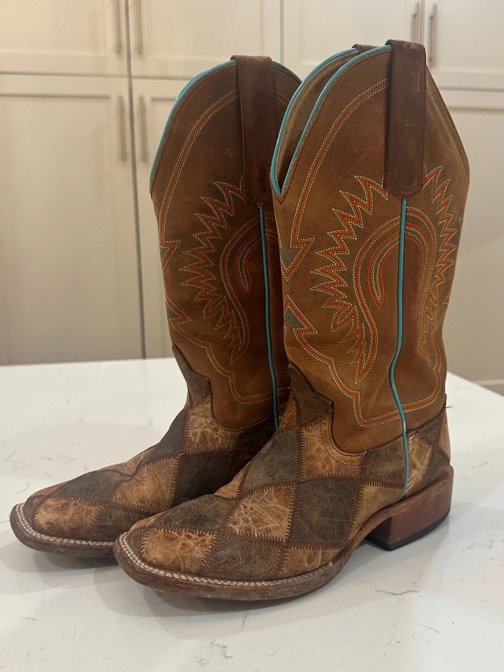 Anderson Bean Patchwork Brown Leather Cowboy Boots w Turquoise Stitching- boys 4
